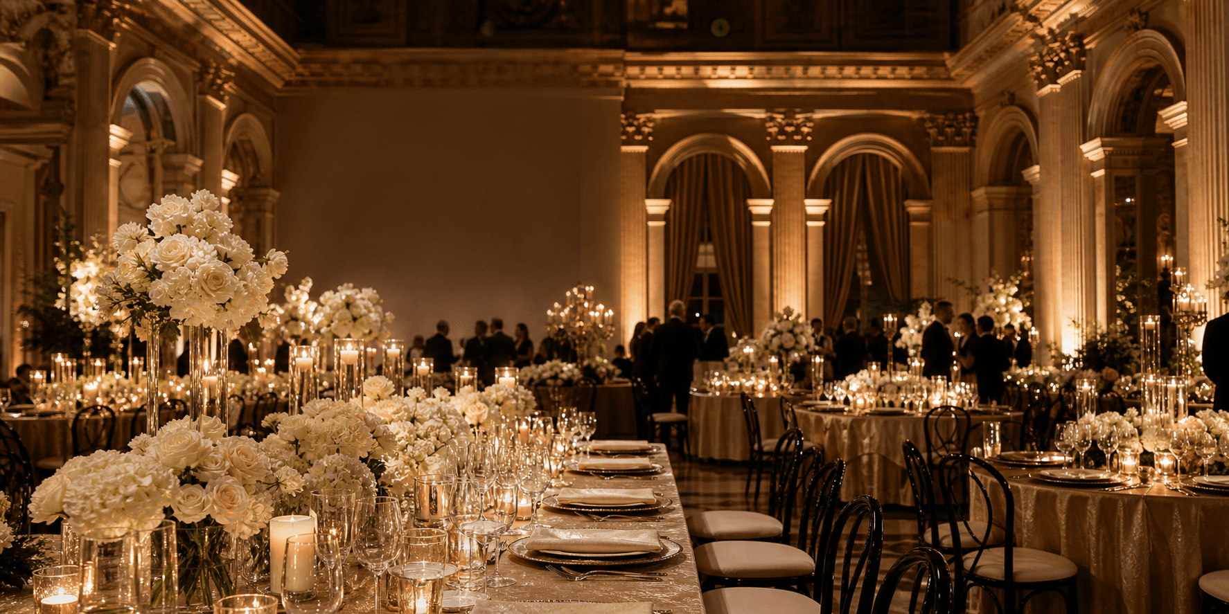 Candlelit TAMAYRA EVENTS wedding reception with florals and chandeliers